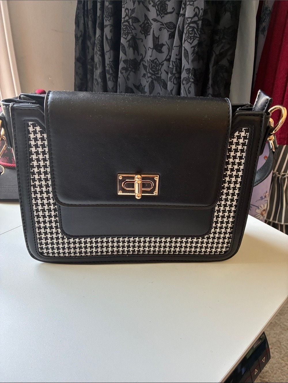 Black Houndstooth Crossbody Bag with Gold Hardware